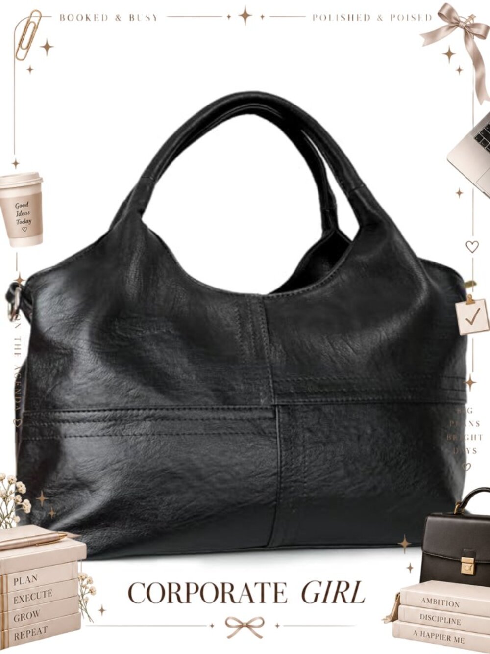 Vegan Leather Hobo Shoulder Bag with Detachable Satchel Strap